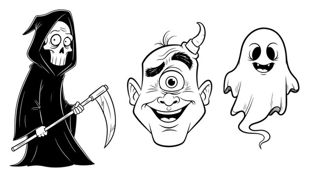 Halloween horror characters with grim reaper cyclops and spooky ghost in hand drawn cartoon style