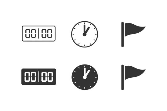 Black and white timer icons with clock and flag symbols in minimalist style.