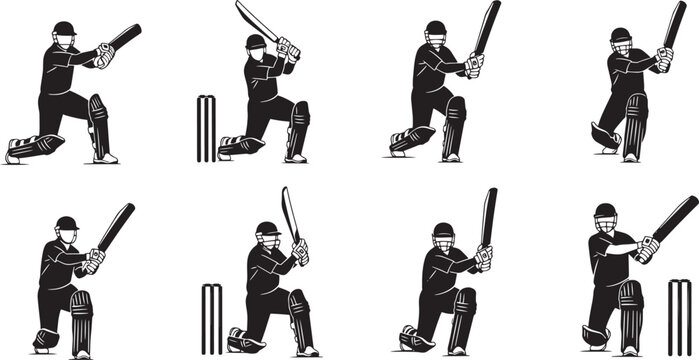 Cricket Batsman Silhouette Poses Vector Illustration Set for Sports Icons