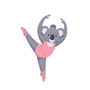 A cartoon depiction of a gray koala wearing a pink leotard and ballet shoes, dancing gracefully on a white background