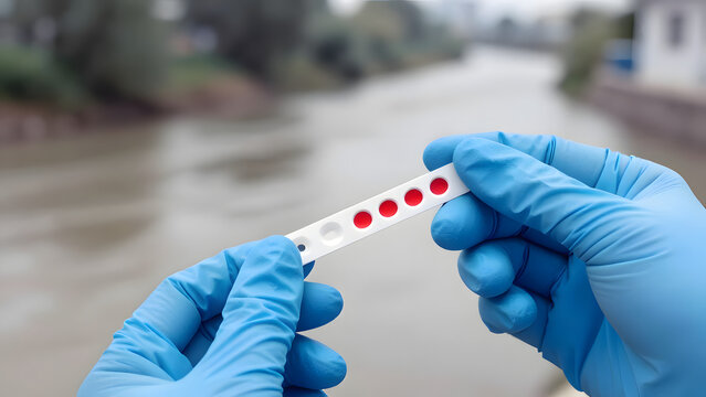 Hands wearing medical gloves hold a water test strip that shows the presence of dangerous chemicals