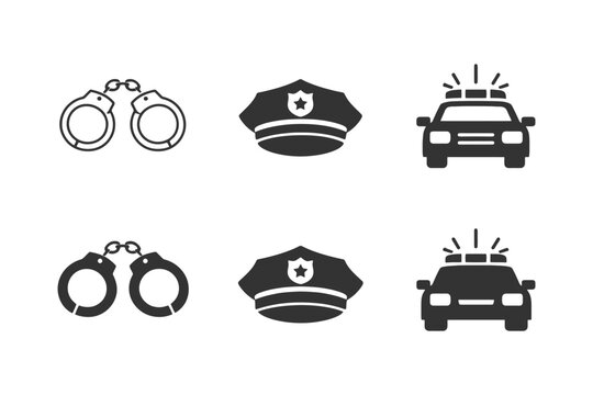 Handcuffs, police hat, and patrol car icons on white background.