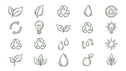 Fototapeta premium Eco-Friendly Icons: A collection of meticulously crafted hand-drawn eco-friendly icons representing concepts of sustainability and environmental consciousness.