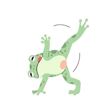 A cartoon depiction of a green frog in mid-air, possibly jumping or performing an action. It's on a white backdrop