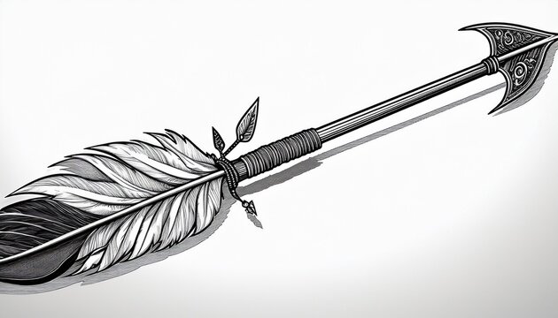 a detailed black and white drawing of an arrow with feather fletching and a wrapped arrowhead shaft