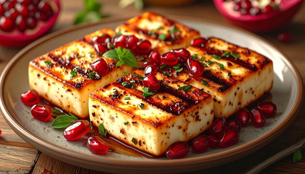 Grilled Halloumi Cheese with Pomegranate Seeds and Mint.