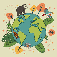 Colorful earth illustration with exotic animals and lush foliage, promoting biodiversity and the beauty of global ecosystems. © Monira