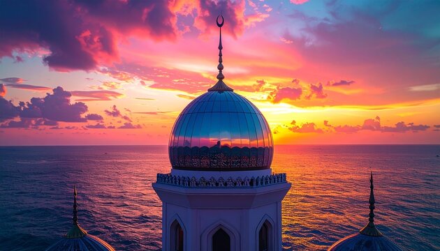 Majestic Mosque Dome Silhouetted Against a Vibrant Sunset Sky.