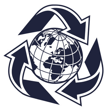 Earth recycling symbol with rotating arrows and detailed globe grid representing global sustainability efforts and environmental waste management plan.