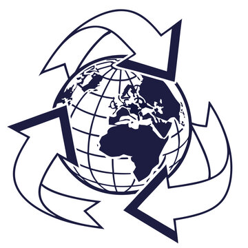 Global eco cycle emblem featuring earth map and rotating recycling arrows signifying worldwide environmental preservation and sustainable development.