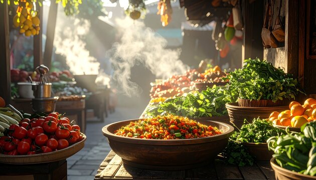 Vibrant Market Scene - Fresh Produce and Culinary Delights.