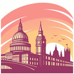 Obraz premium London cityscape silhouette with saint paul cathedral big ben and houses of parliament against sunset sky vector illustration.