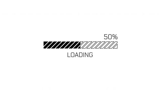 4K Motion graphic loading progress bar 0 to 100 percent with dense diagonal stripes