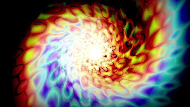 Abstract psychedelic spiral motion background with colorful glowing light effects