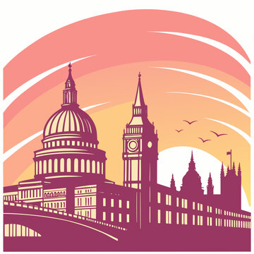 London cityscape silhouette with saint paul cathedral big ben and houses of parliament against sunset sky vector illustration.