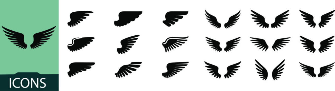wing icon set, black silhouette bird and angel wings for logos and heraldic design.