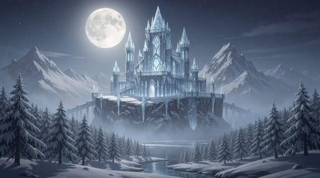 A mystical icy castle stands illuminated under a full moon, surrounded by snowy mountains and frosted pine trees beside a frozen river.