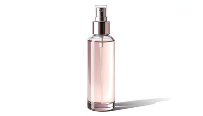 Naklejka premium A tall, slender bottle of clear liquid with a rose gold atomizer, casting a shadow on a white background