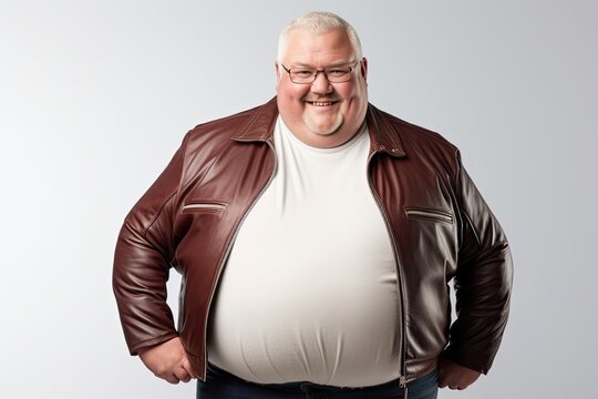 Man in a leather brown jacket and white t-shirt is standing and smiling. He has a beard and glasses.