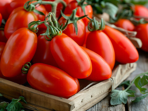 San Marzano tomatoes, elongated plum-shaped with a pointed tip, bright red in color, with smooth, thin skin and barely visible natural veins, are still attached to the green vine with fresh tomato lea
