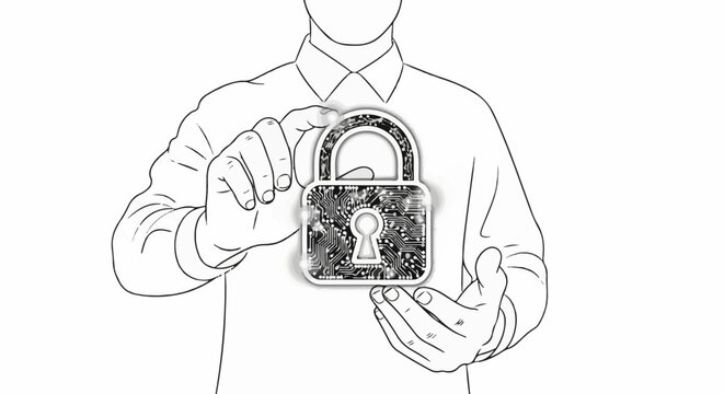 Person holding a digital circuit pad lock, symbolizing data security