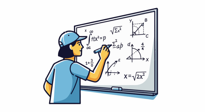 Person in cap writing complex math equations and graphs on a whiteboard