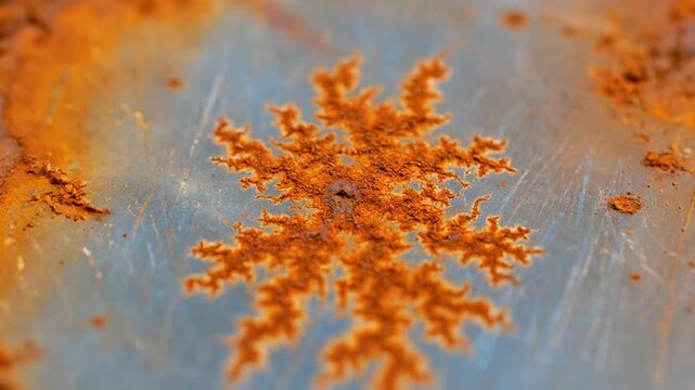 Macro shot of rust spreading on a metal surface, showing fractal patterns