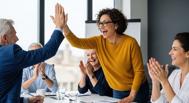 Team celebrating a successful meeting with high-fives and applause