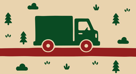 Obraz premium Green delivery truck driving through a stylized rural landscape illustration, symbolizing transport, logistics, and eco-friendly shipping services