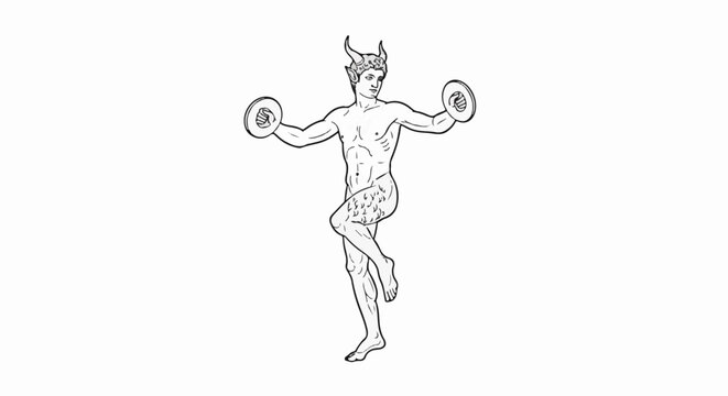 Muscular mythical figure with horns and goat legs, playing cymbals
