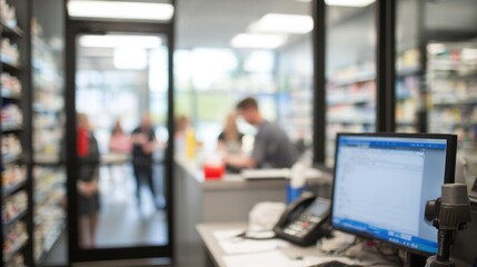 Fototapeta premium Ambulatory pharmacy window with glass partition in focus showing a computer screen and pharmacist processing prescriptions with blurred waiting patients behind.