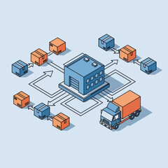 Fototapeta premium Supply Chain Network - Factory, Boxes, and Truck Illustration.