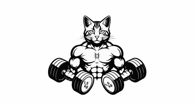Muscular cartoon cat holding dumbbells with 1.5 kg weights
