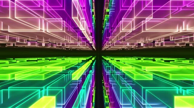 Neon glowing glass cube tunnel moving through digital space
