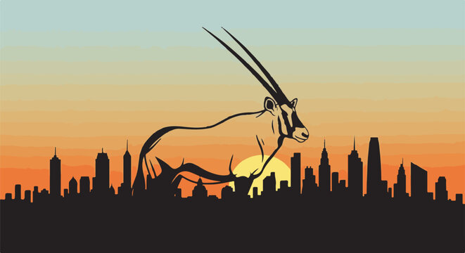 Oryx gazella silhouetted against a city skyline at sunset