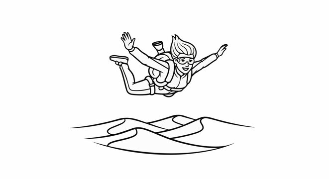 Person skydiving above desert dunes, cartoon style