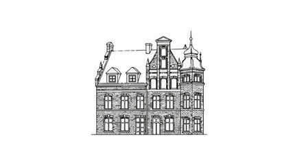 Obraz premium Ornate, multi-story stone building with varied window styles and pitched roofs