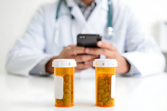 Doctor in white coat using smartphone with two orange pill bottles in foreground