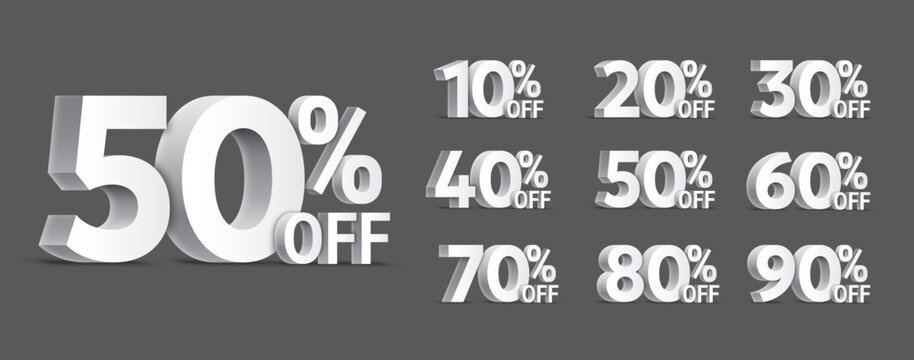 Collection of vector white 3d numbers and percentage sign from 10 to 90 for sale and special offer promotion