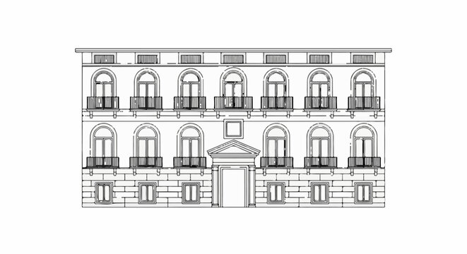 Ornate building facade with arched windows and balconies, sketched design