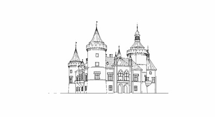 Naklejka premium Ornate castle illustration with multiple turrets and pointed roofs