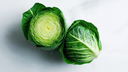 Obraz premium Freshly cut green cabbage head with water droplets on vibrant leaves revealing crisp core