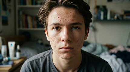 Obraz premium Teen boy struggling with acne in bedroom close-up portrait realistic skin texture emotional environment introspective viewpoint