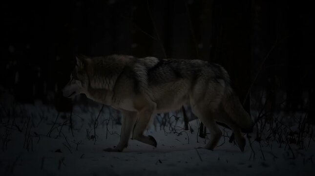 Backlit Wolf Walking Through Snowy Forest Path at Dusk With Golden Rim Light