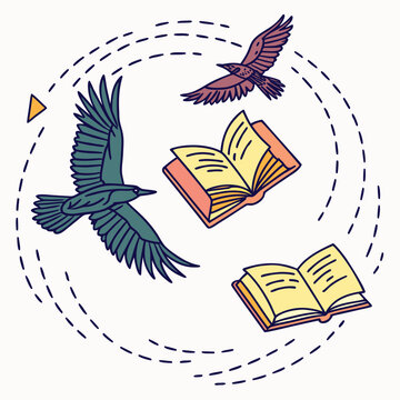 Vibrant fantasy illustration of two birds soaring around open books symbolizing imagination, knowledge and creativity, unique concept art for book lovers and avid readers, educational dream.