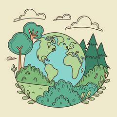 Fototapeta premium Earth globe nestled in green bushes and trees under cloudy sky representing biodiversity and ecosystem protection for sustainable living and future.