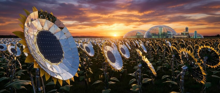 Sustainable Harvest: Field of Futuristic Sunflowers with Concentrated Solar Power Panels as Flower Heads Tracking the Sun