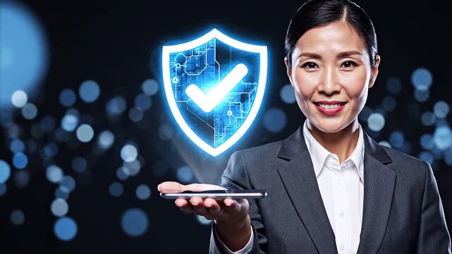 Businessperson holding smartphone with glowing shield checkmark icon above, symbolizing cybersecurity, trust, and secure digital technology.