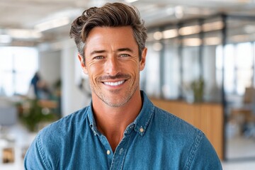 Obraz premium Portrait of a smiling professional man in a modern office - confident business headshot