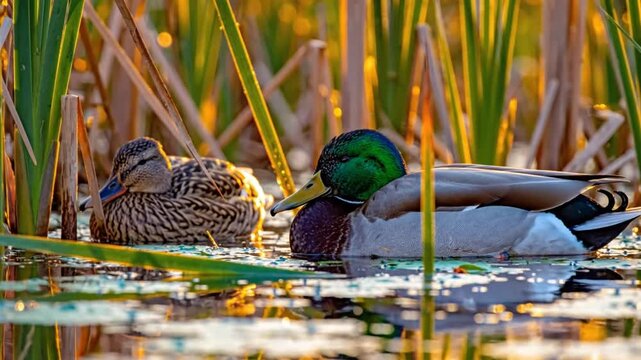 Tranquil scene of two ducks gracefully floating in calm water near tall reeds and marsh plants with golden light